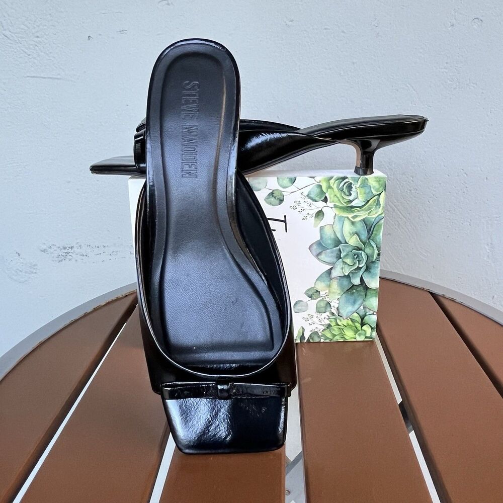 Steve Madden Meme Black Leather Square Toe Bow Kitten Heel Mule Sandals 6.5